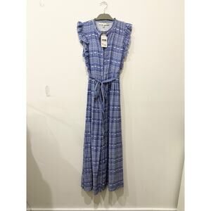 Carolina K Cotton Blend Sleeveless Ruffle Belted Maxi Dress Blue Women's Size M